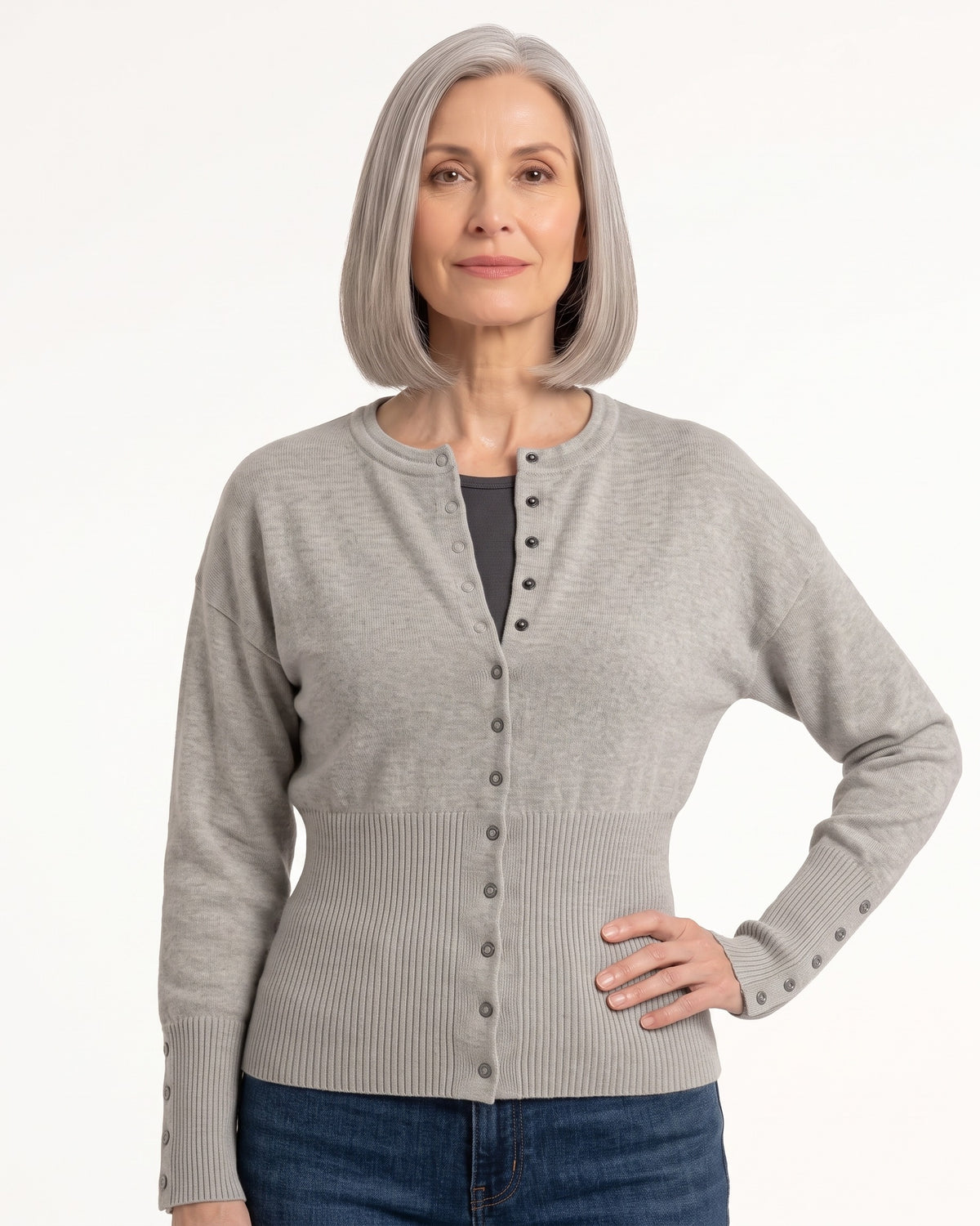 Cropped Cardigan for Women — Fitted Crew Neck Snap Button Knit with Ribbed Waist in Viscose Blend