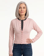 Cropped Cardigan for Women — Fitted Crew Neck Snap Button Knit with Ribbed Waist in Viscose Blend