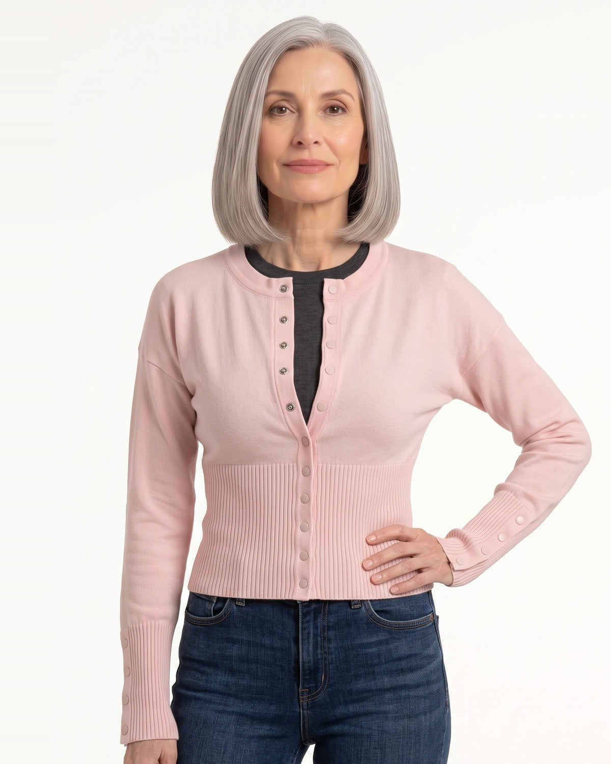 Cropped Cardigan for Women — Fitted Crew Neck Snap Button Knit with Ribbed Waist in Viscose Blend