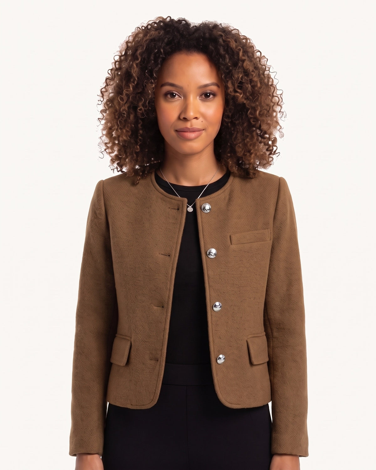 Brown cropped collarless jacket with silver buttons and flap chest pockets