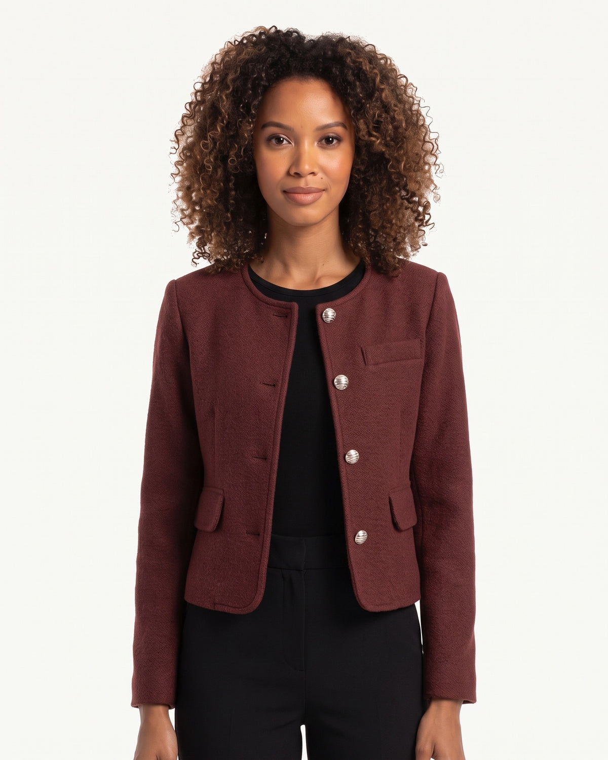 Burgundy cropped collarless jacket with single front, silver buttons, flap pockets
