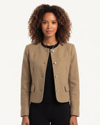 Khaki cropped collarless jacket with silver buttons and flap chest pockets