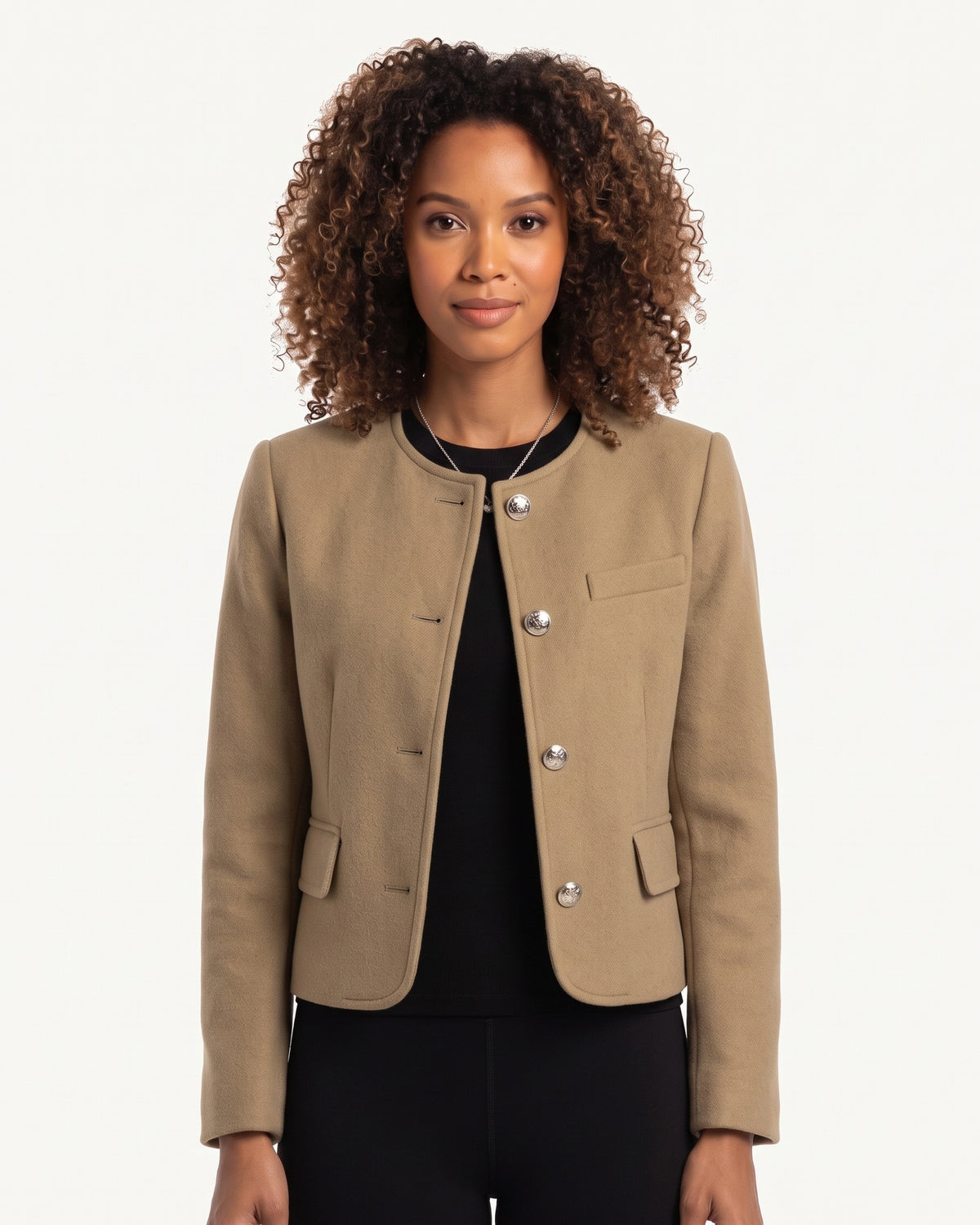 Khaki cropped collarless jacket with silver buttons and flap chest pockets