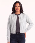 Light gray cropped crew neck cardigan with button front, knit long sleeves, ribbed cuffs
