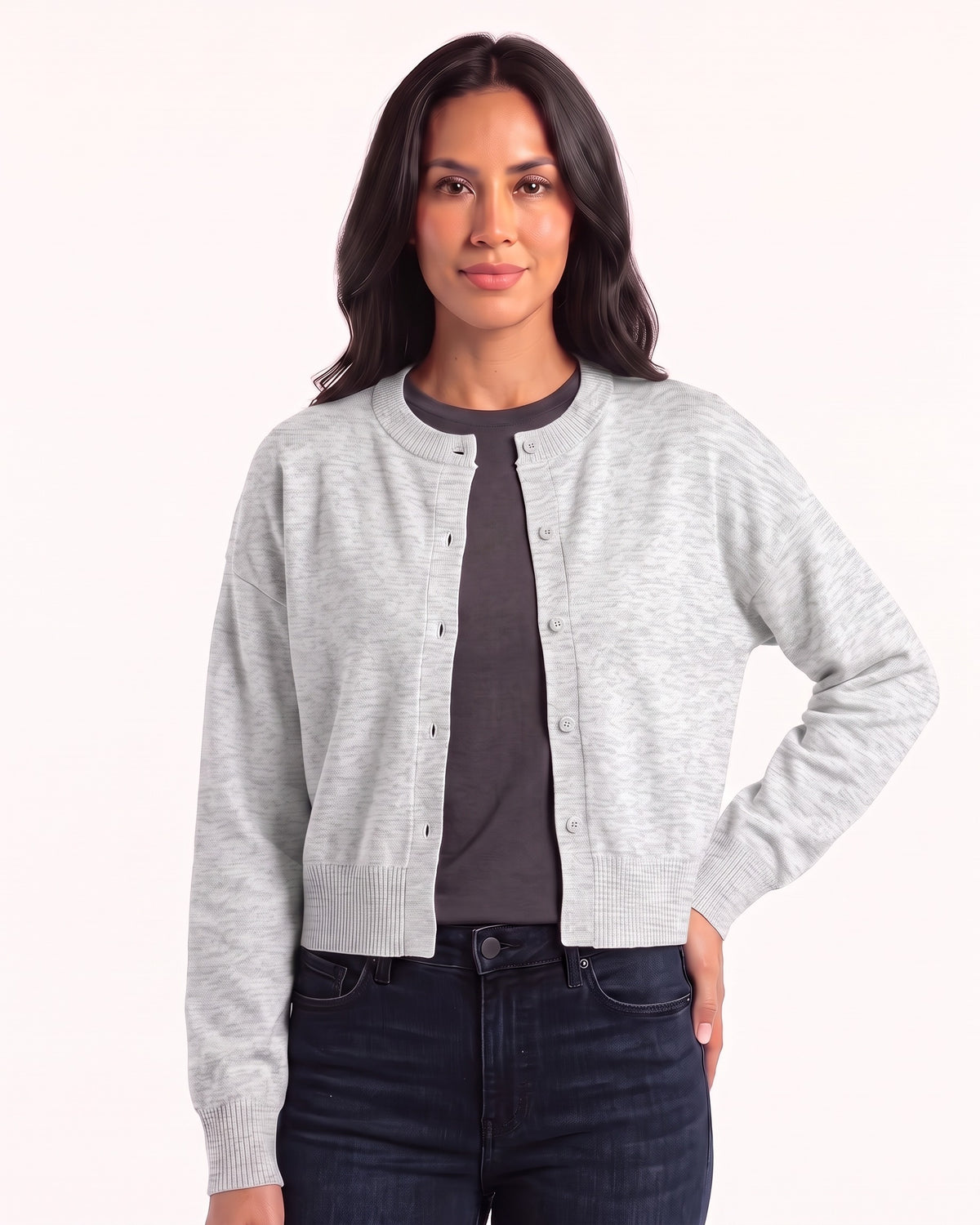 Light gray cropped crew neck cardigan with button front, knit long sleeves, ribbed cuffs