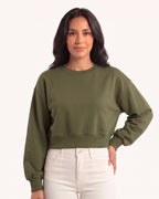 Army green cropped sweatshirt with a crew neck and ribbed hem