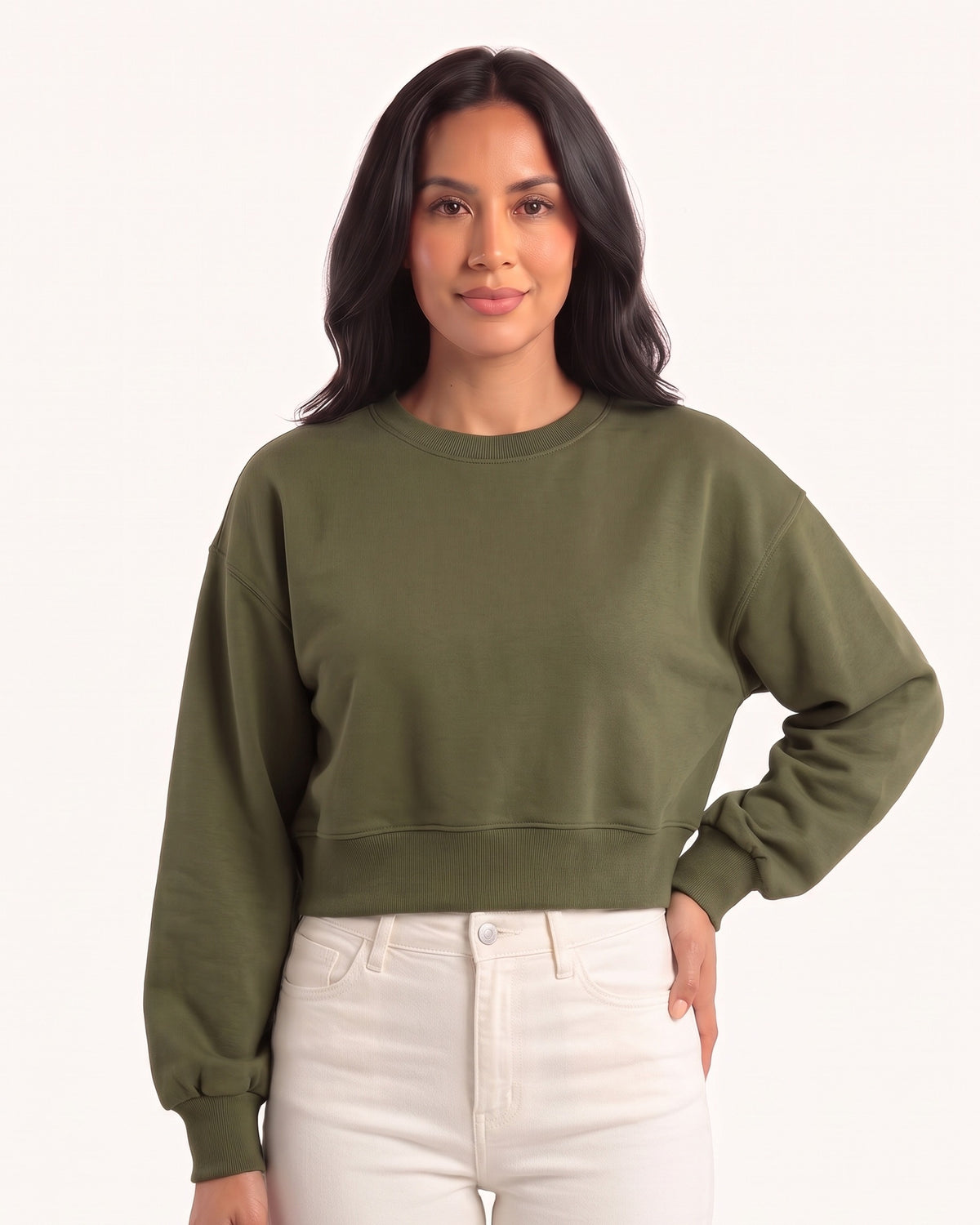Army green cropped sweatshirt with a crew neck and ribbed hem