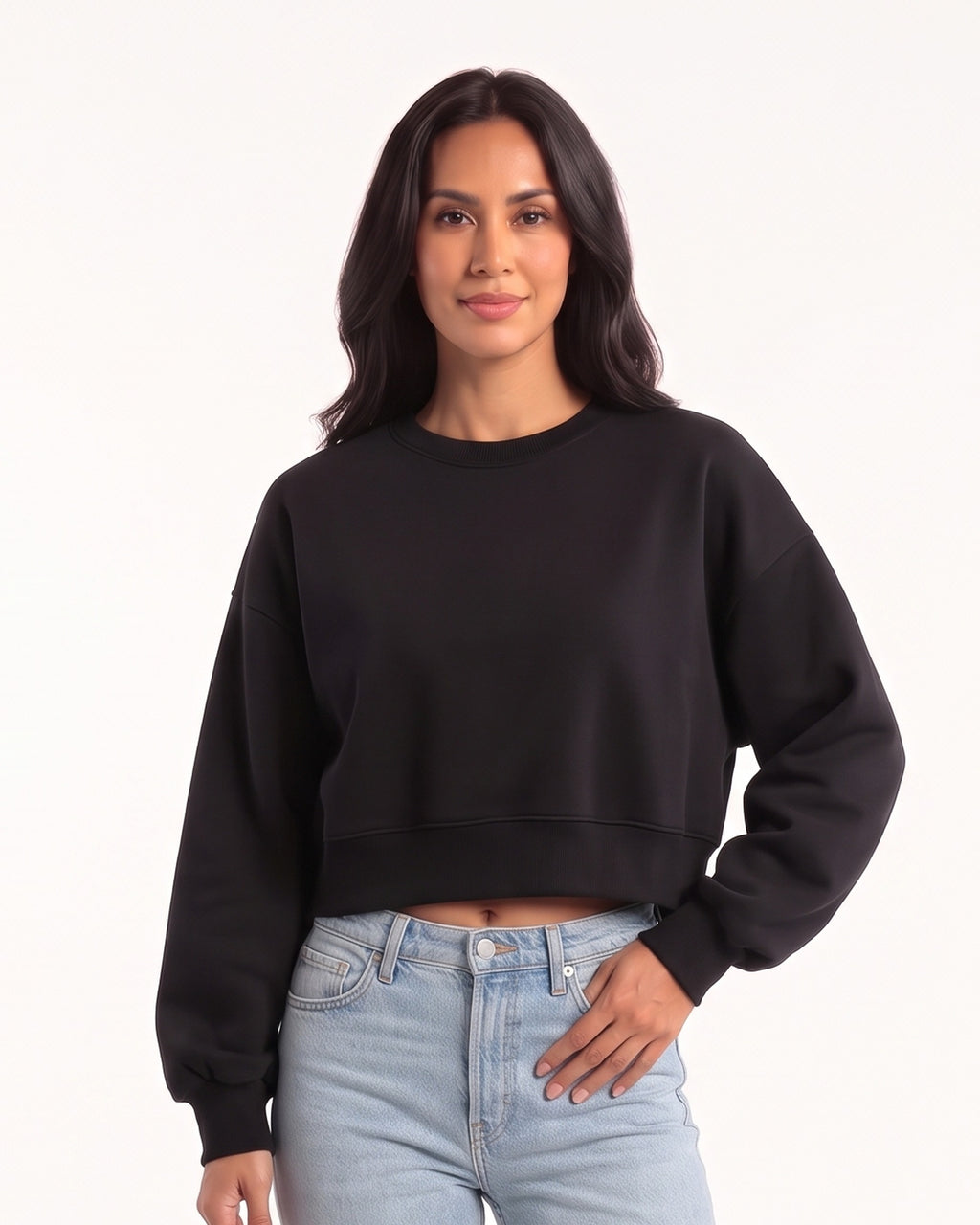 Black cropped crewneck sweatshirt with dropped shoulders and ribbed cuffs