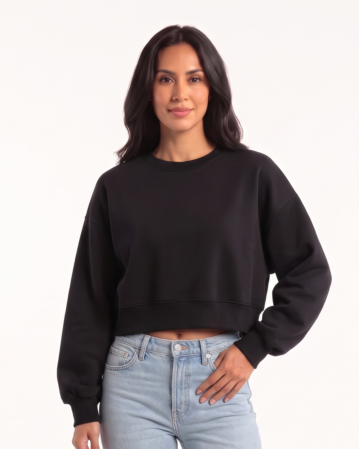 Black cropped crewneck sweatshirt with dropped shoulders and ribbed cuffs