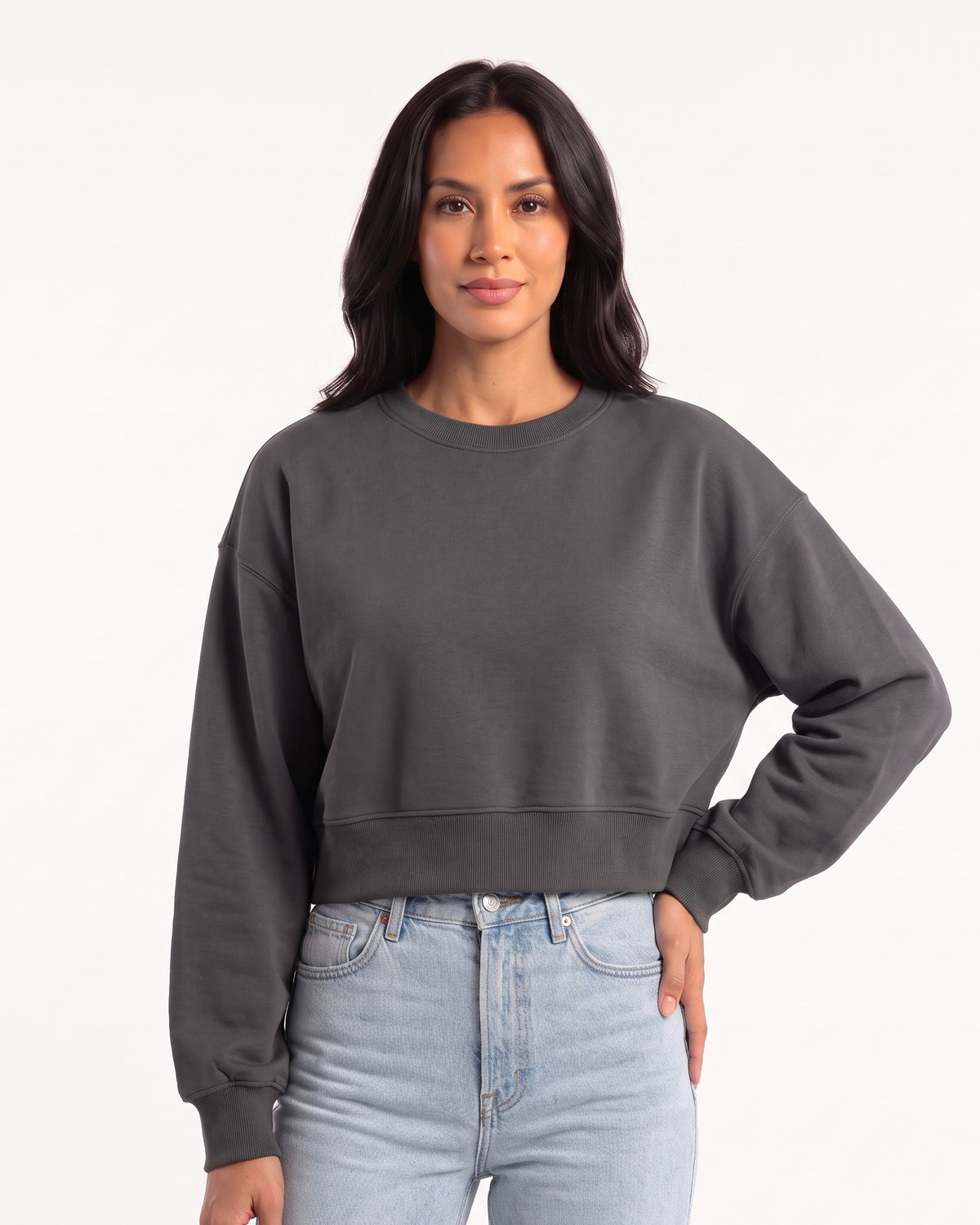 Cropped dark gray crewneck sweatshirt with oversized sleeves and ribbed hem