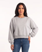 Light gray cropped crewneck sweatshirt with ribbed cuffs and hem