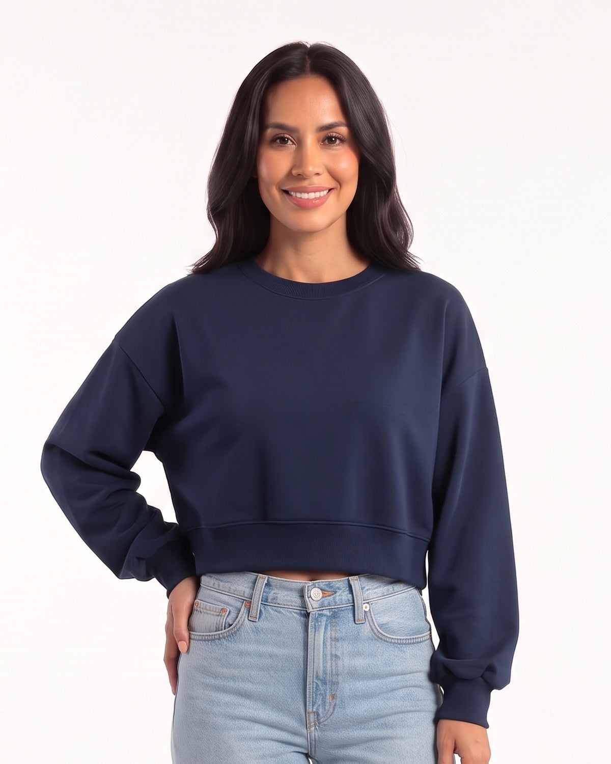 Navy cropped crewneck sweatshirt with oversized long sleeves and ribbed trim