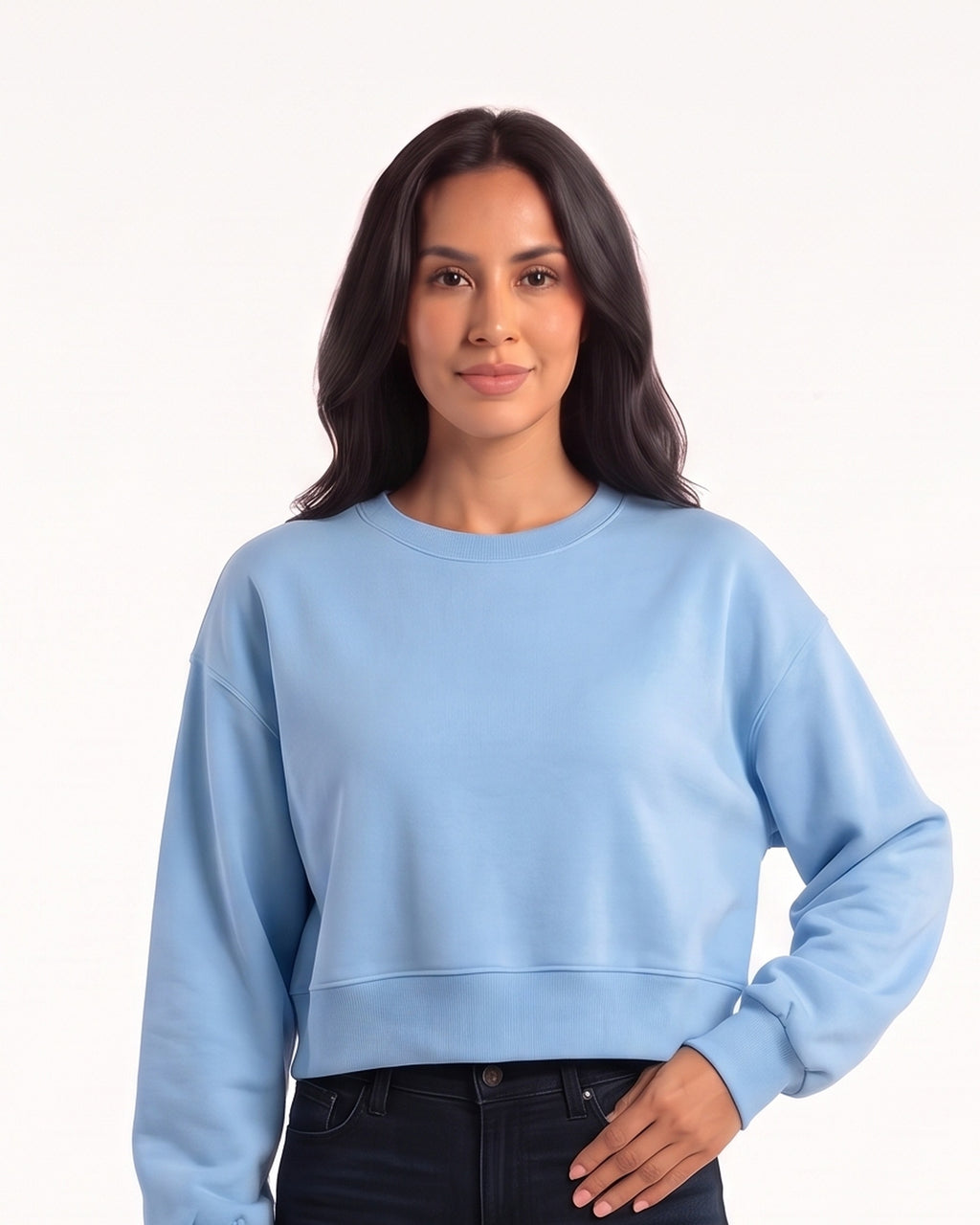 Sky blue cropped sweatshirt with a crew neck and oversized sleeves