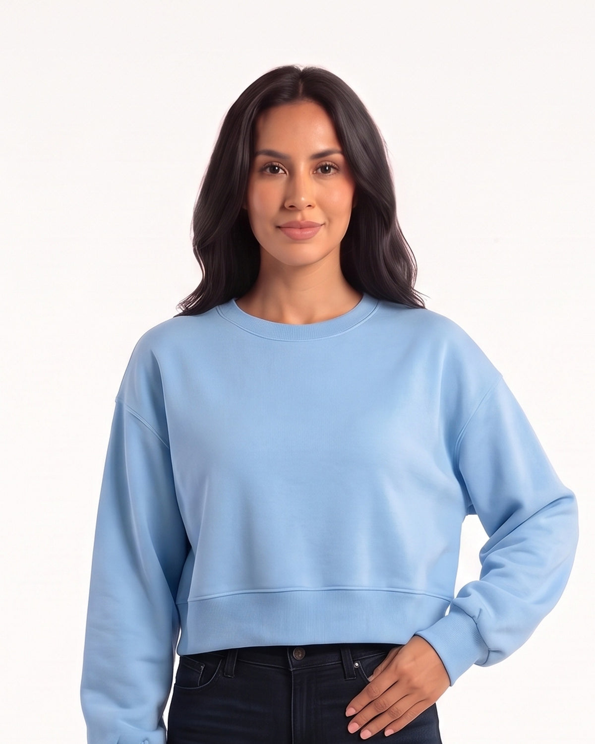 Sky blue cropped sweatshirt with a crew neck and oversized sleeves