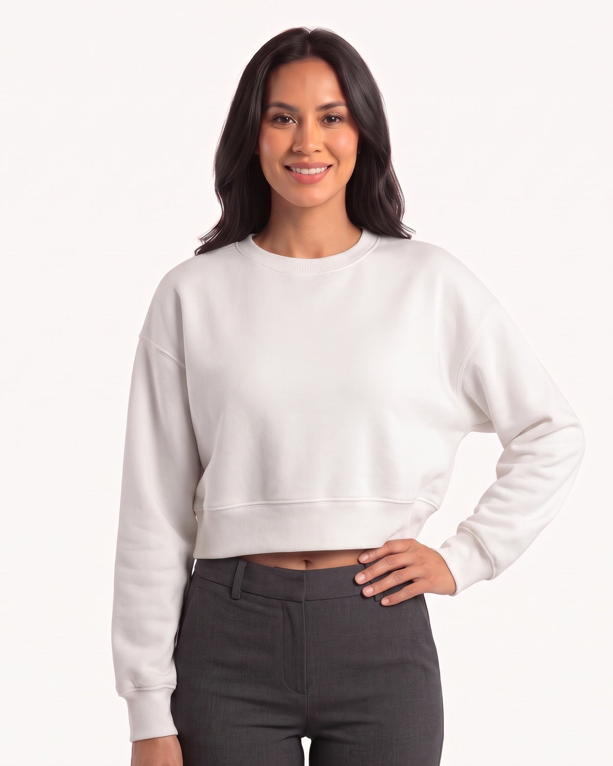 White cropped crewneck sweatshirt with long sleeves and ribbed cuffs and hem