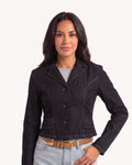 Cropped black denim blazer for women with notch lapels, flap pockets, single-breasted fit