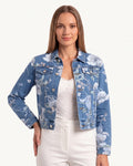 Cropped denim jacket for women, blue floral print trucker style with button front