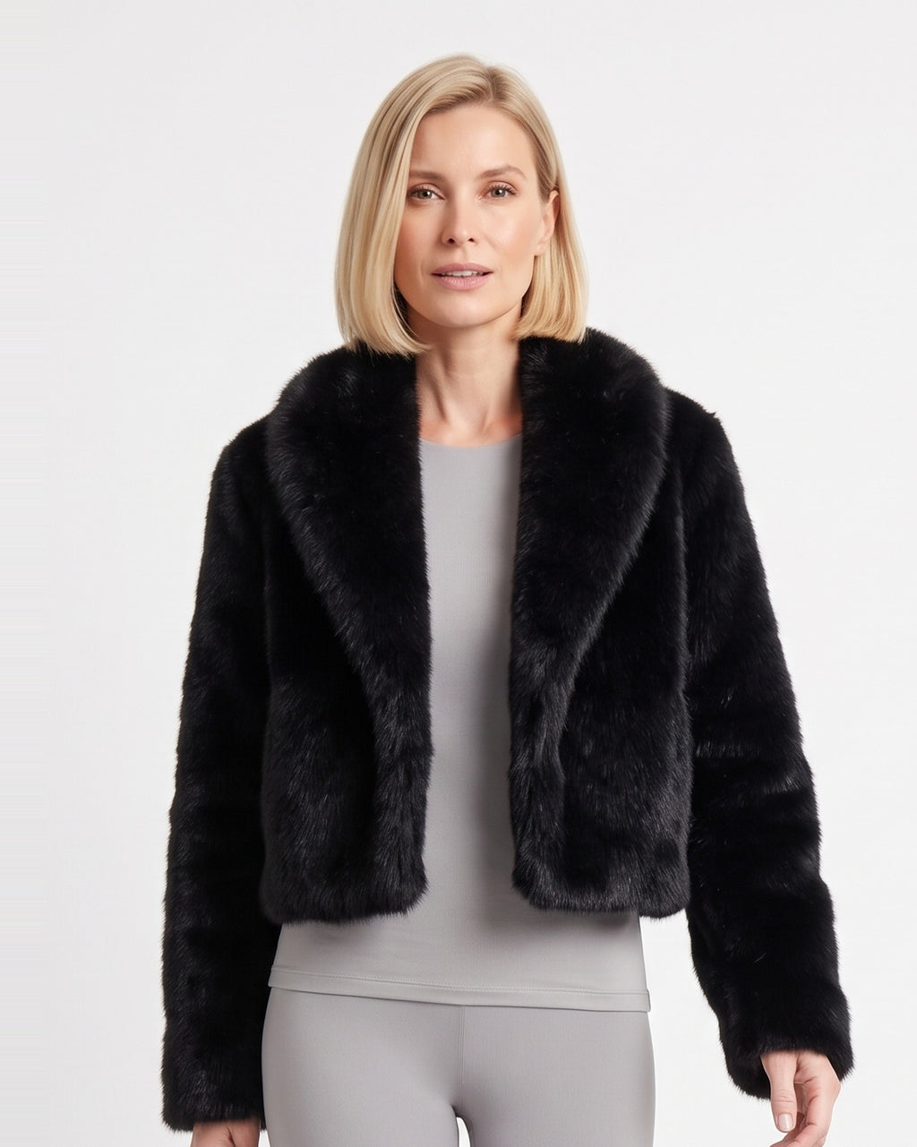 Women’s cropped faux fur coat, fluffy black jacket with wide shawl collar