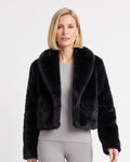 Women’s cropped faux fur coat, fluffy black jacket with wide shawl collar