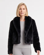 Women’s cropped faux fur coat, fluffy black jacket with wide shawl collar