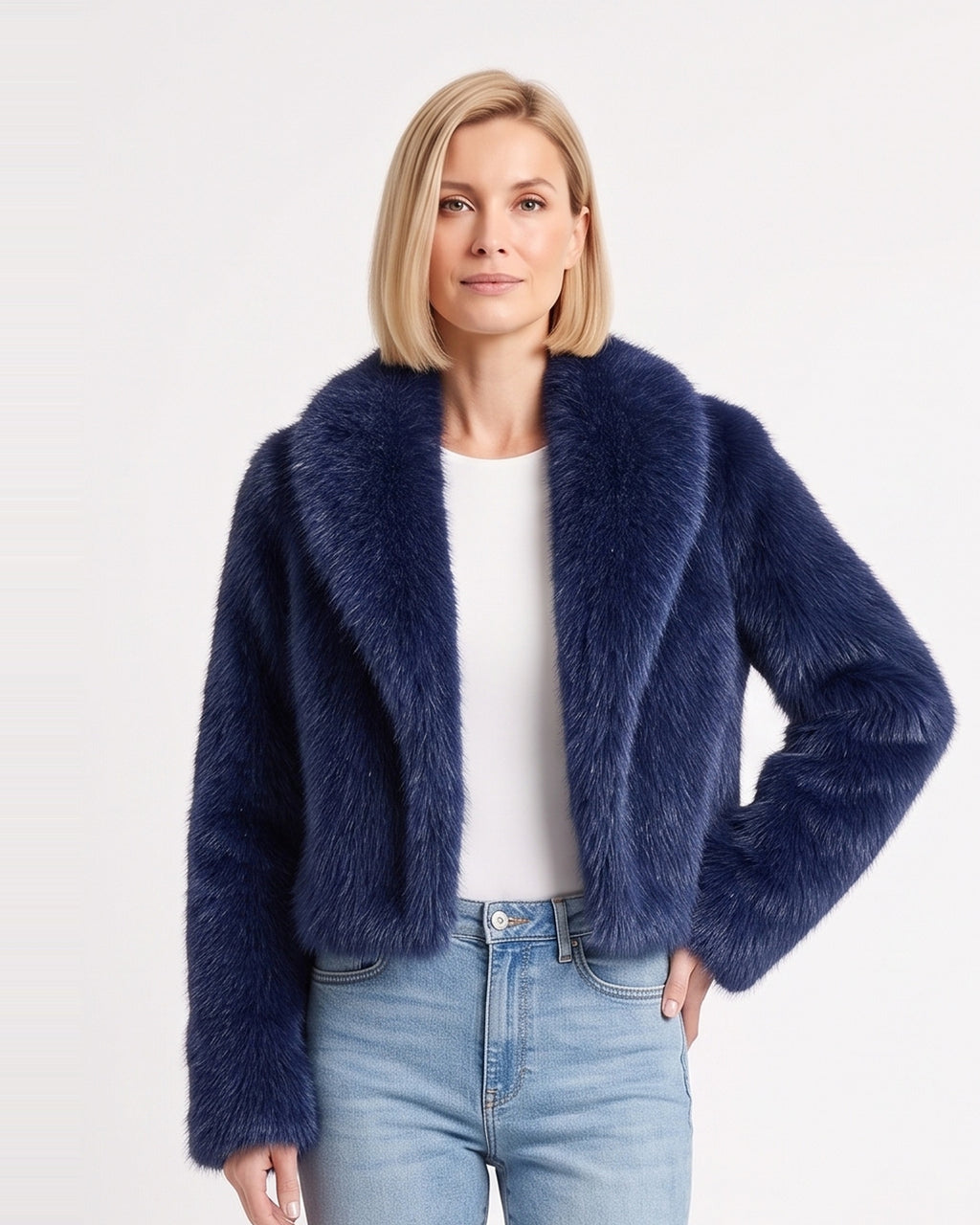Cropped blue faux fur jacket with wide shawl collar, open front