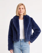 Cropped blue faux fur jacket with wide shawl collar, open front