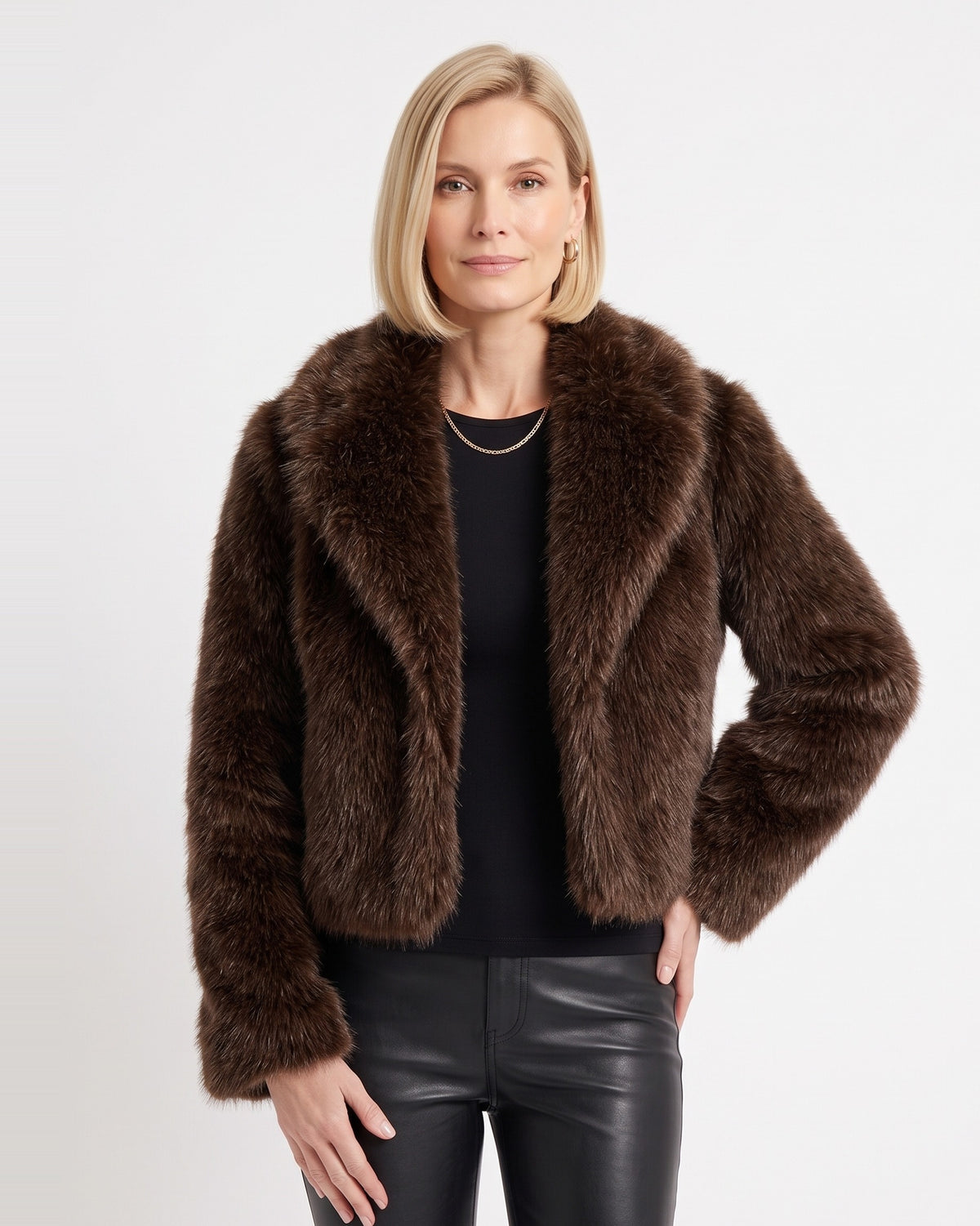 Cropped faux fur jacket with shawl collar, dark brown, model wearing