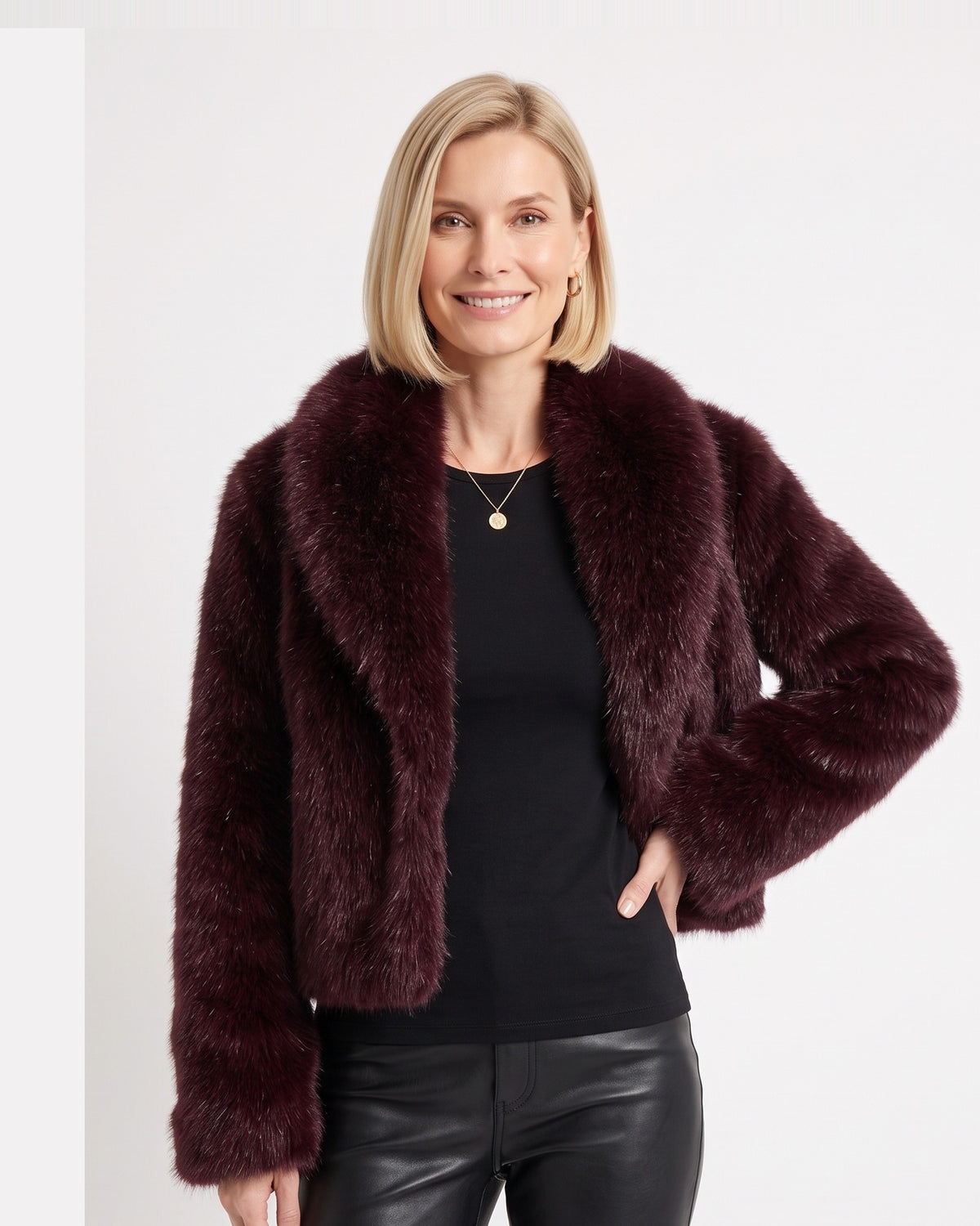 Cropped burgundy faux fur jacket with wide shawl collar and open front