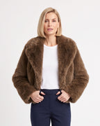 Cropped brown faux fur jacket with wide shawl collar, open front