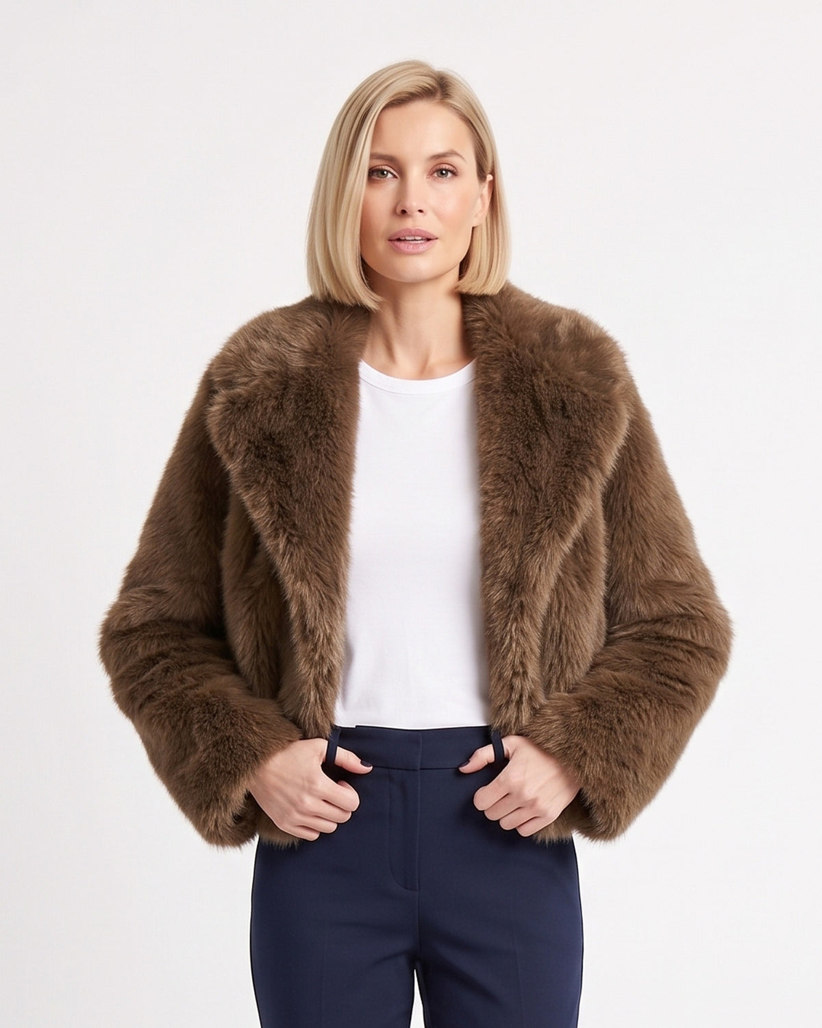 Cropped brown faux fur jacket with wide shawl collar, open front