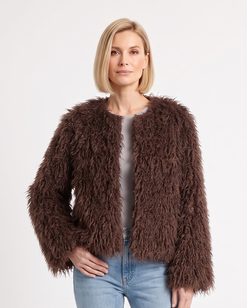 Brown shaggy faux fur cropped jacket with open front, collarless look