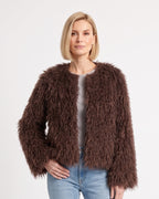 Brown shaggy faux fur cropped jacket with open front, collarless look