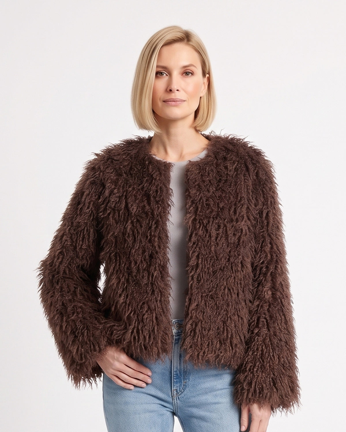 Brown shaggy faux fur cropped jacket with open front, collarless look