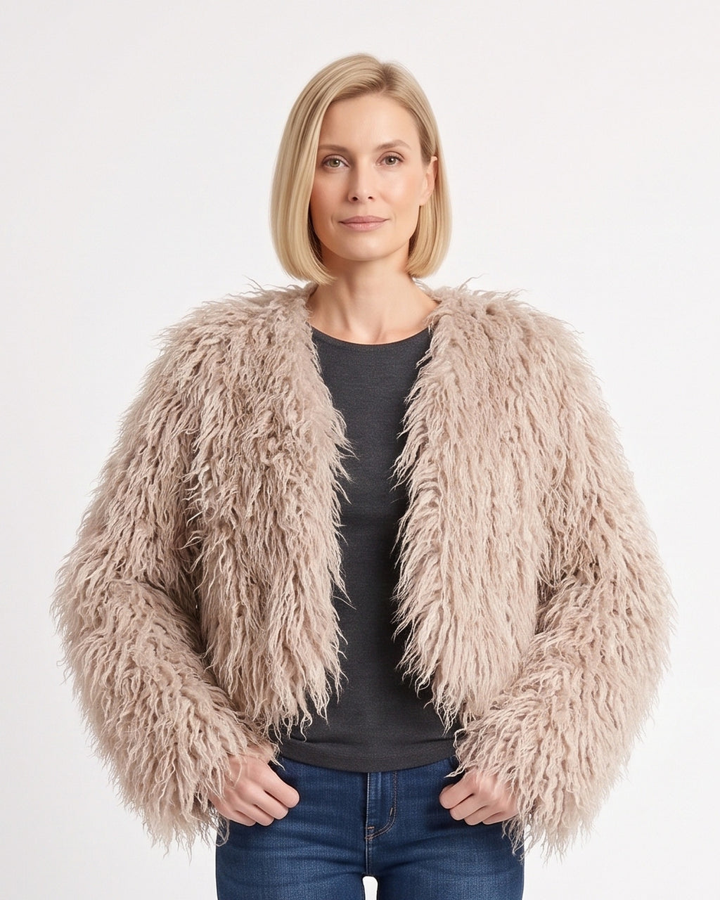 Beige cropped shaggy faux fur jacket with an open front
