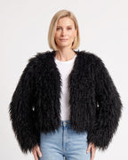 Black cropped shaggy faux fur jacket with an open front and long sleeves