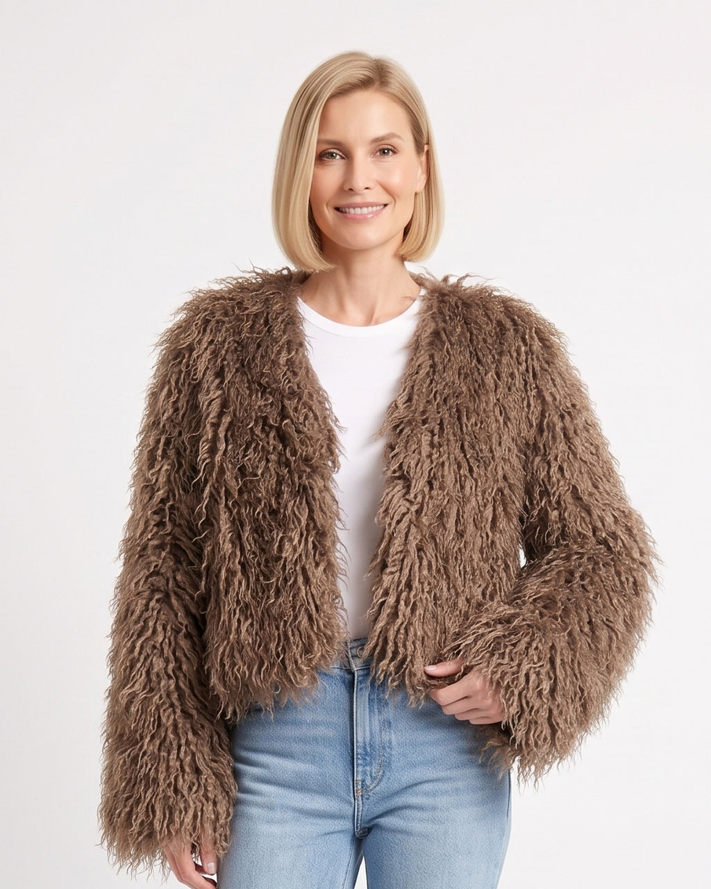 Brown cropped faux fur jacket with long curly pile and open front