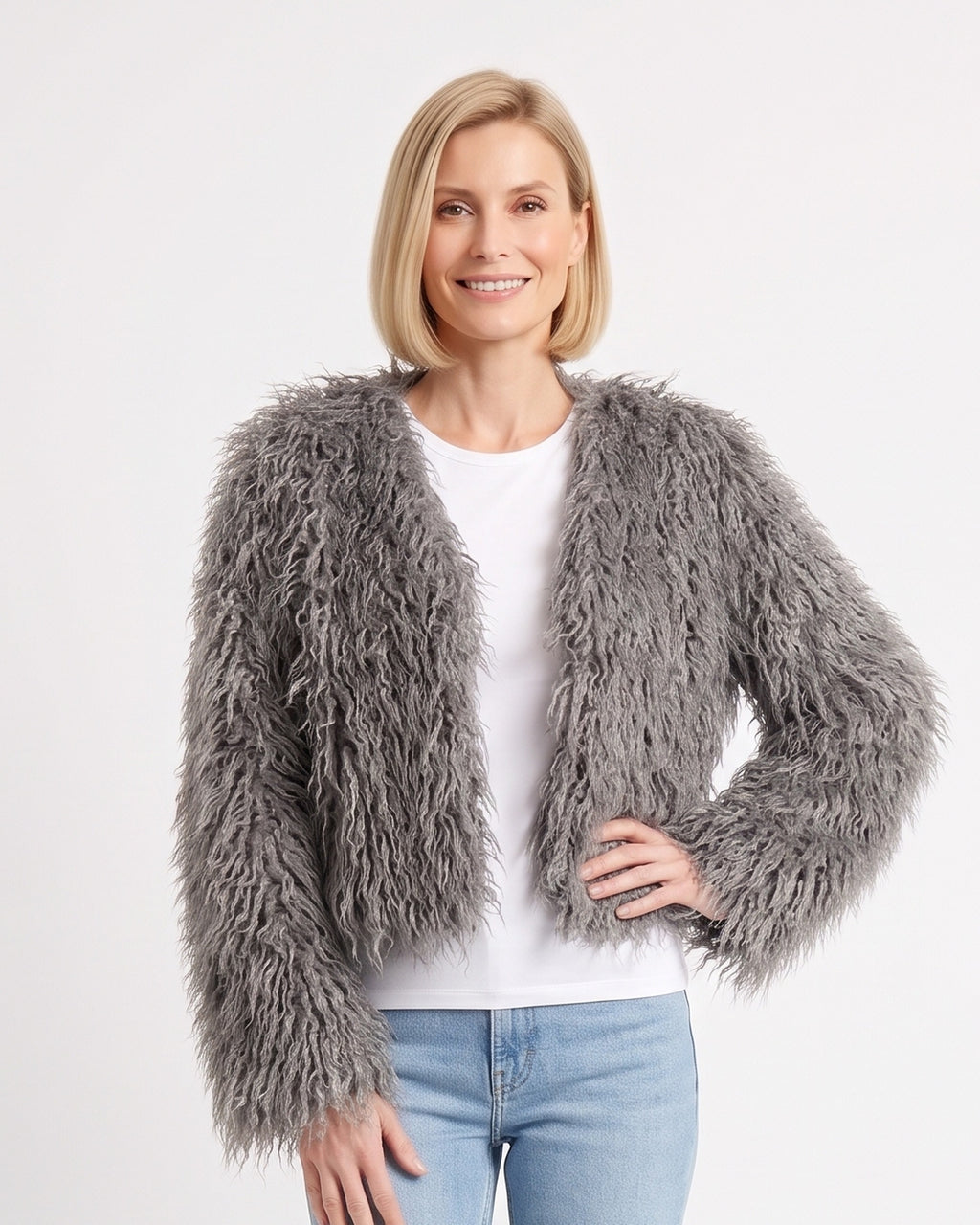 Gray cropped shaggy faux fur jacket with an open front and long sleeves
