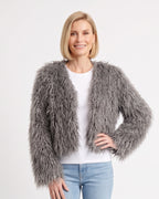 Gray cropped shaggy faux fur jacket with an open front and long sleeves