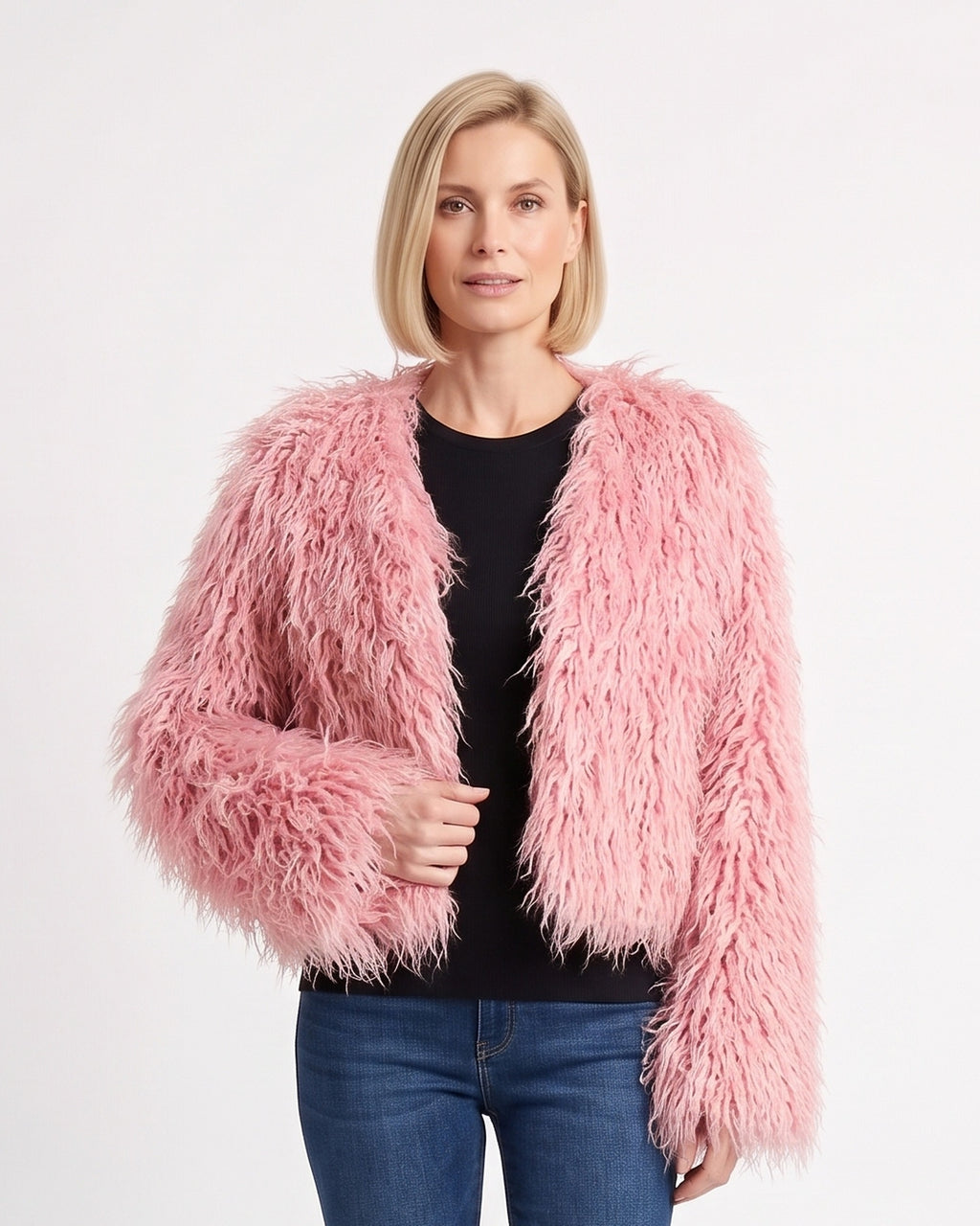 Pink cropped shaggy faux fur jacket, collarless with an open front