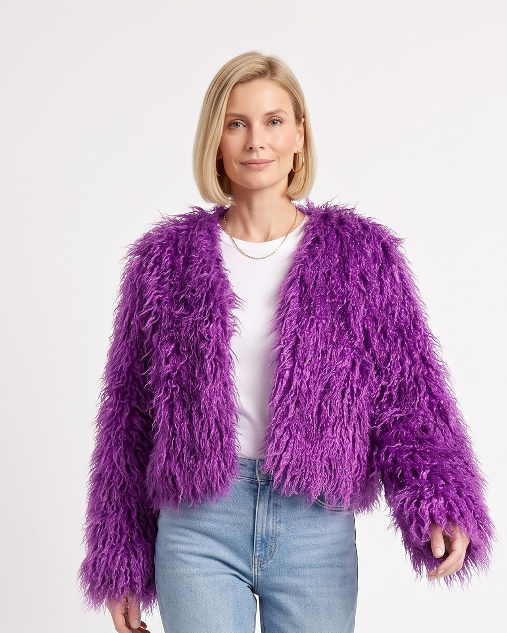 Purple cropped shaggy faux fur jacket with an open front