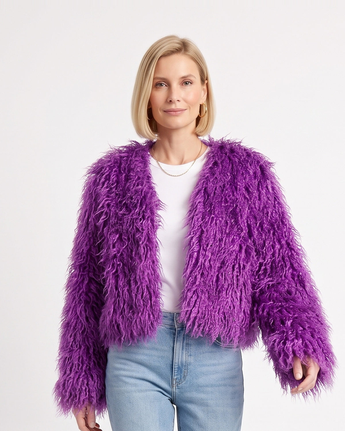 Purple cropped shaggy faux fur jacket with an open front
