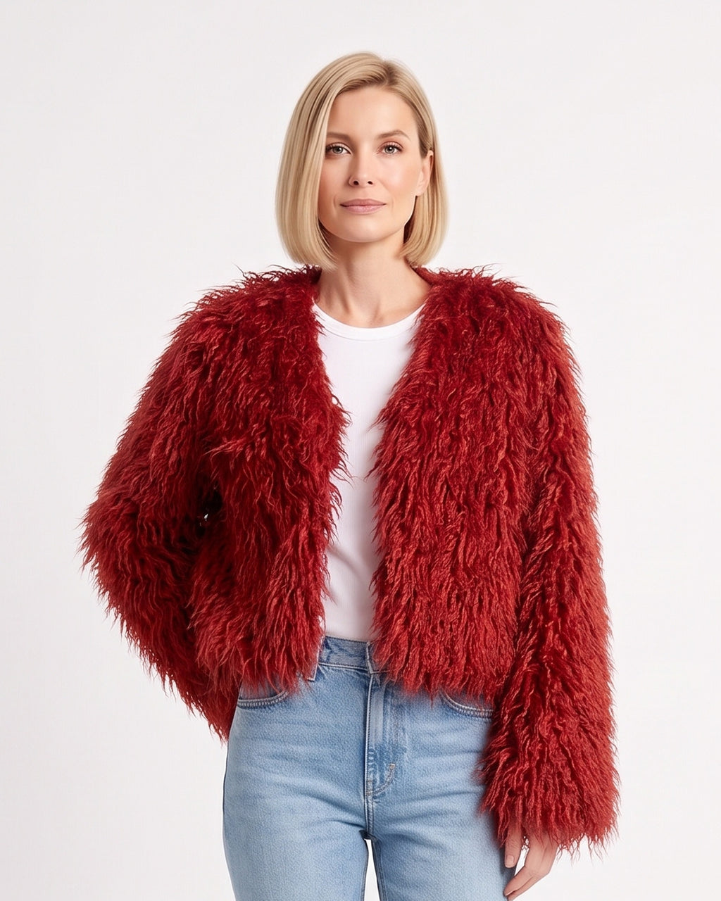 Red cropped shaggy faux fur jacket with an open front and long sleeves