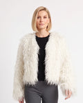 White cropped shaggy faux fur jacket with an open front and long sleeves