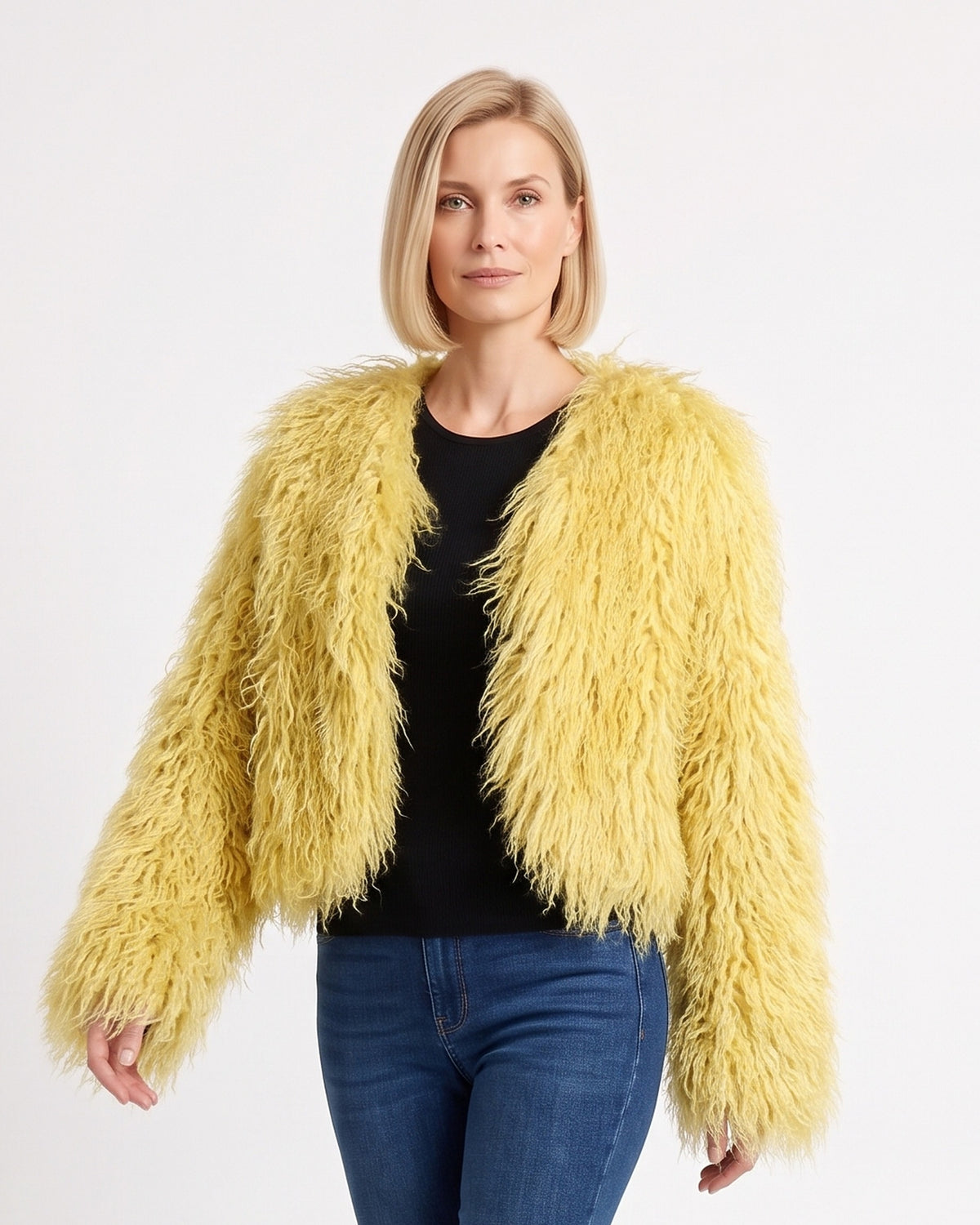 Yellow cropped shaggy faux fur jacket with an open front and long sleeves