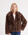 Cropped faux fur jacket, brown, wide lapels and side pockets