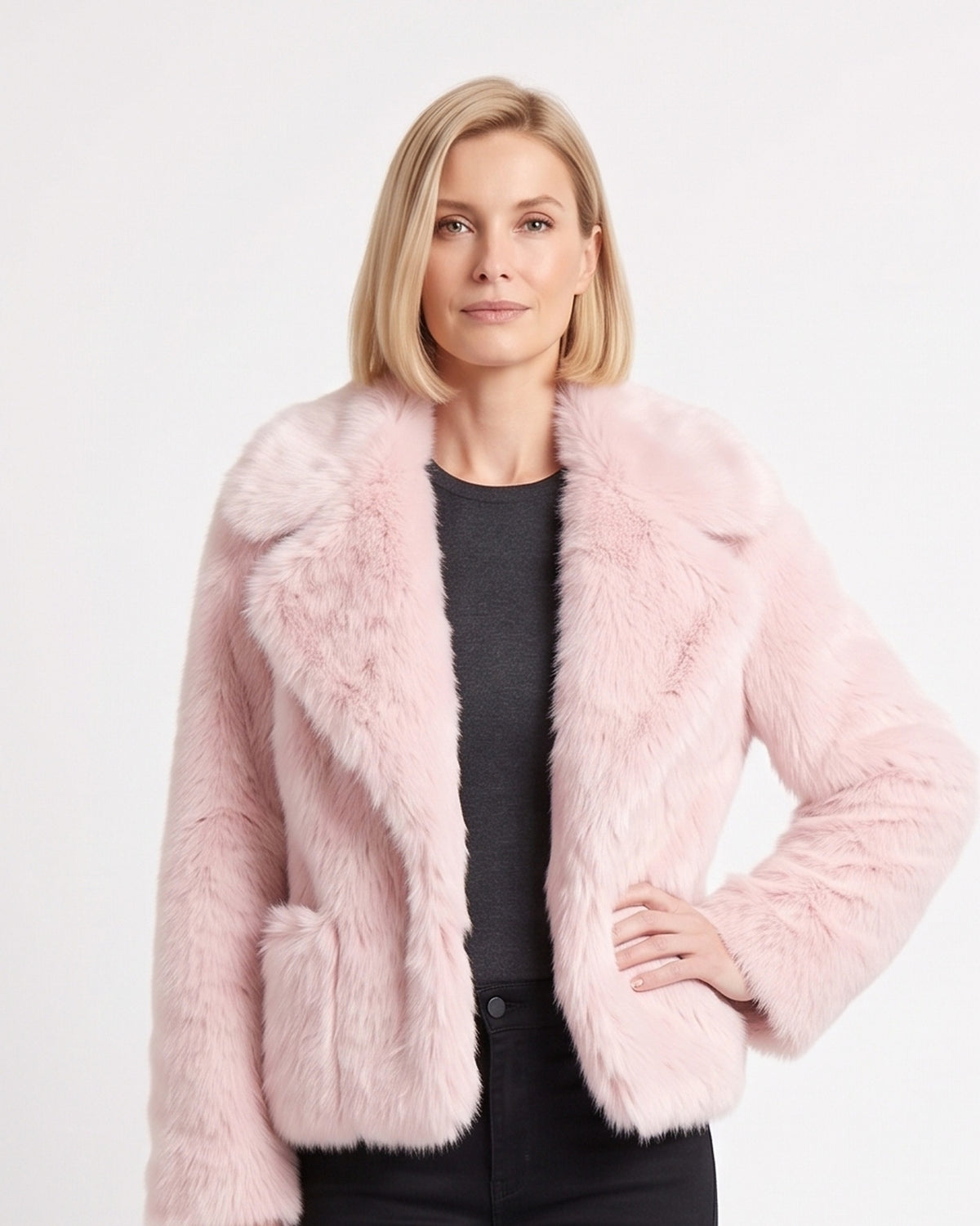 Cropped faux fur jacket, light pink, wide lapels and side pockets