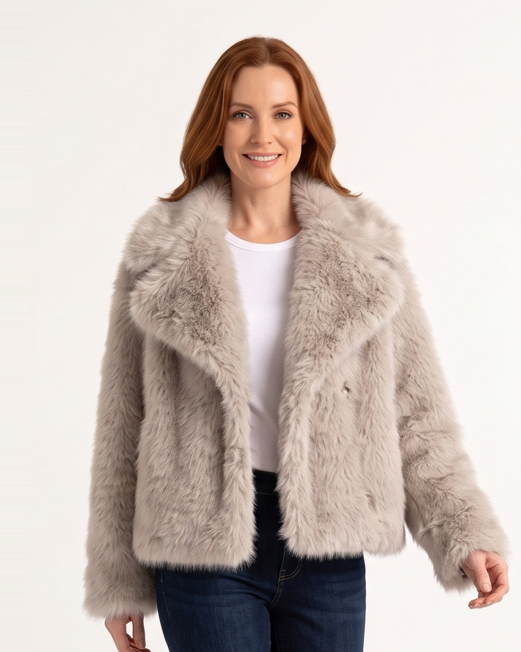 Light gray cropped faux fur jacket with wide oversized collar, open front