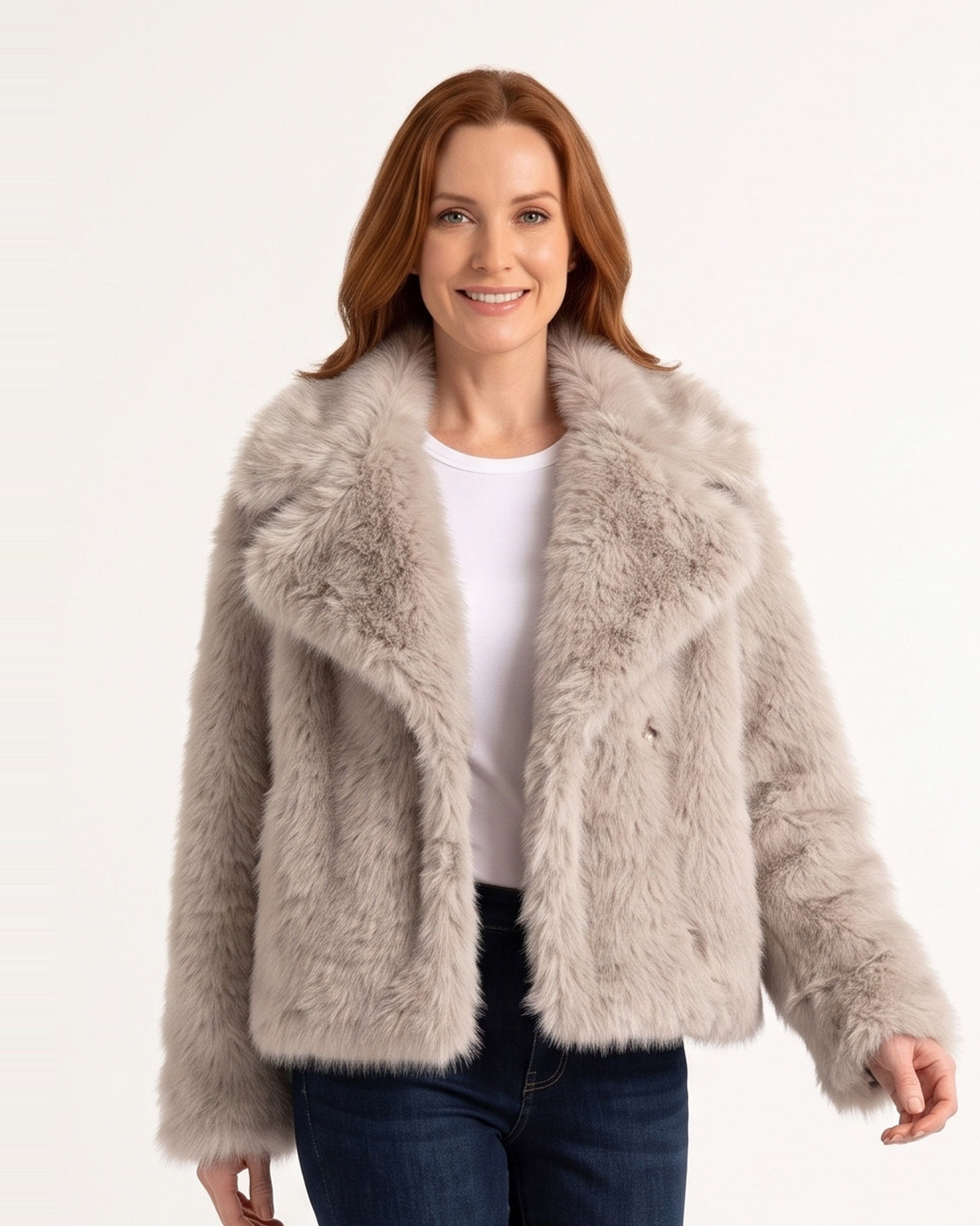 Light gray cropped faux fur jacket with wide oversized collar, open front