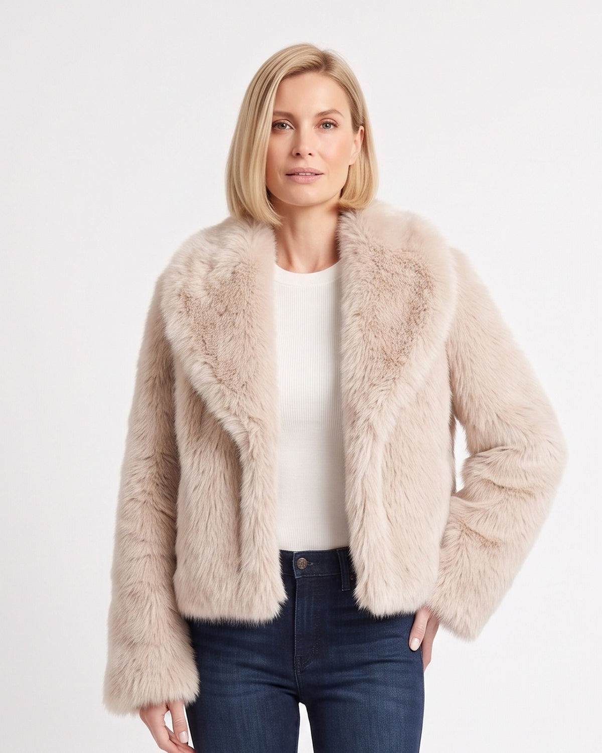 Beige cropped faux fur jacket with wide lapel collar, open front, long sleeves