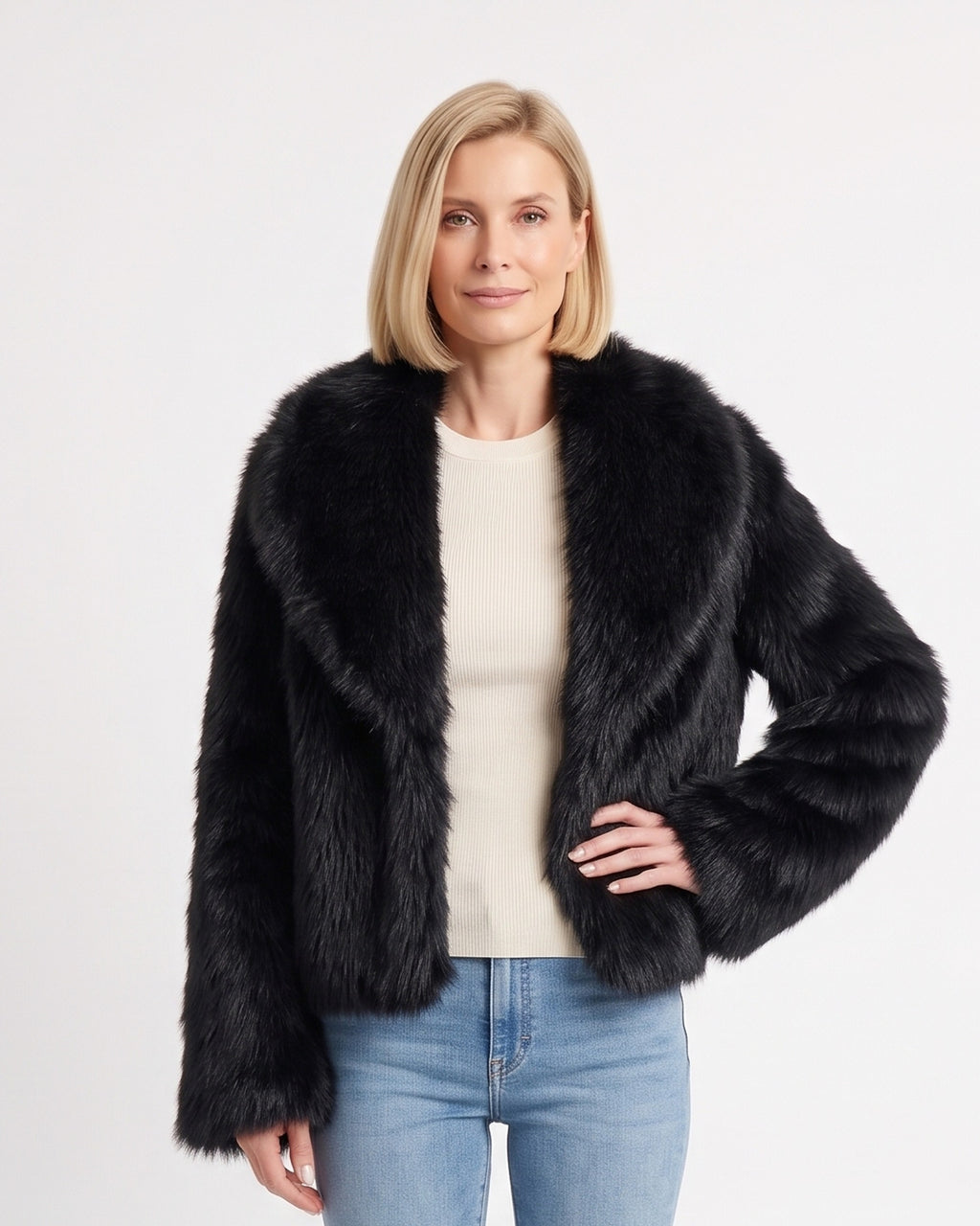 Black cropped faux fur jacket with wide lapel collar, open front, long sleeves